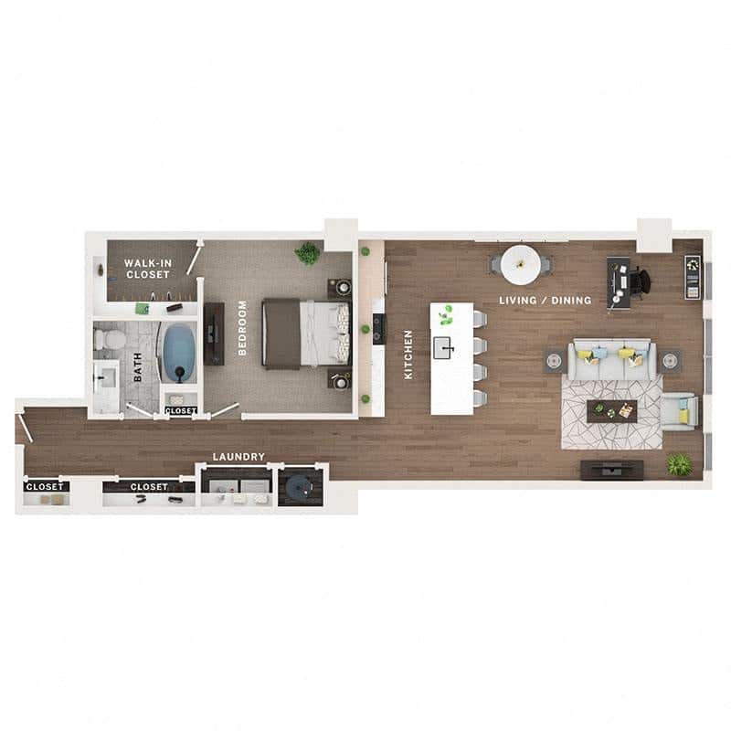 A 3D image of the A11 floorplan, a 1068 squarefoot, 1 bed / 1 bath unit