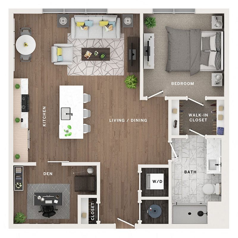 A 3D image of the A7 floorplan, a 912 squarefoot, 1 bed / 1 bath unit