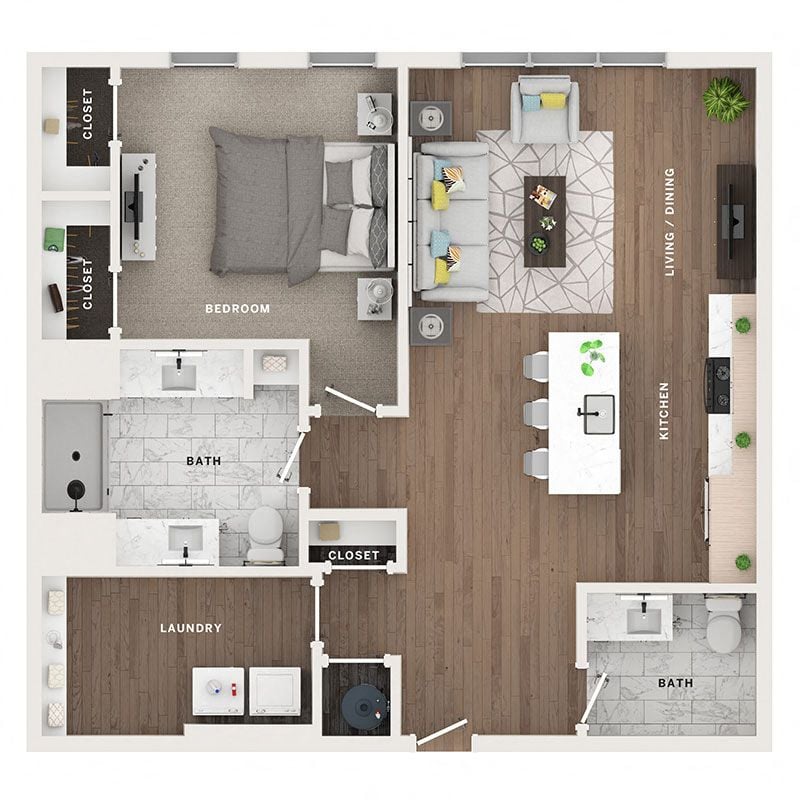 A 3D image of the A9 floorplan, a 976 squarefoot, 1 bed / 1 bath unit