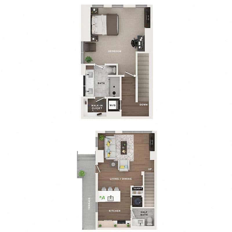 A 3D image of the ATH floorplan, a 854 squarefoot, 1 bed / 1.5 bath unit