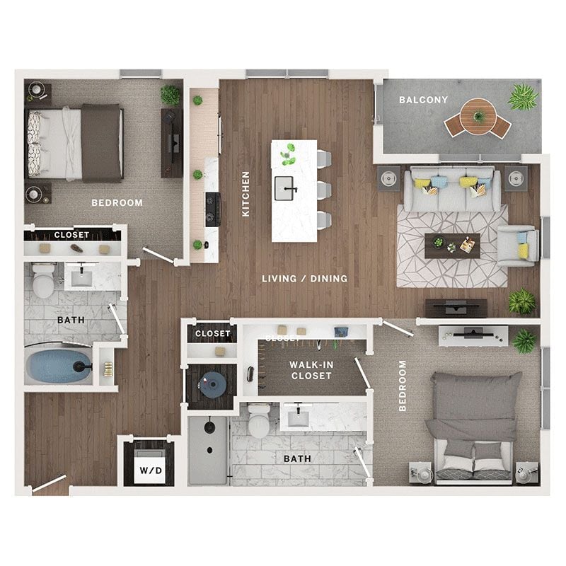 A 3D image of the C1 floorplan, a 1086 squarefoot, 2 bed / 2 bath unit