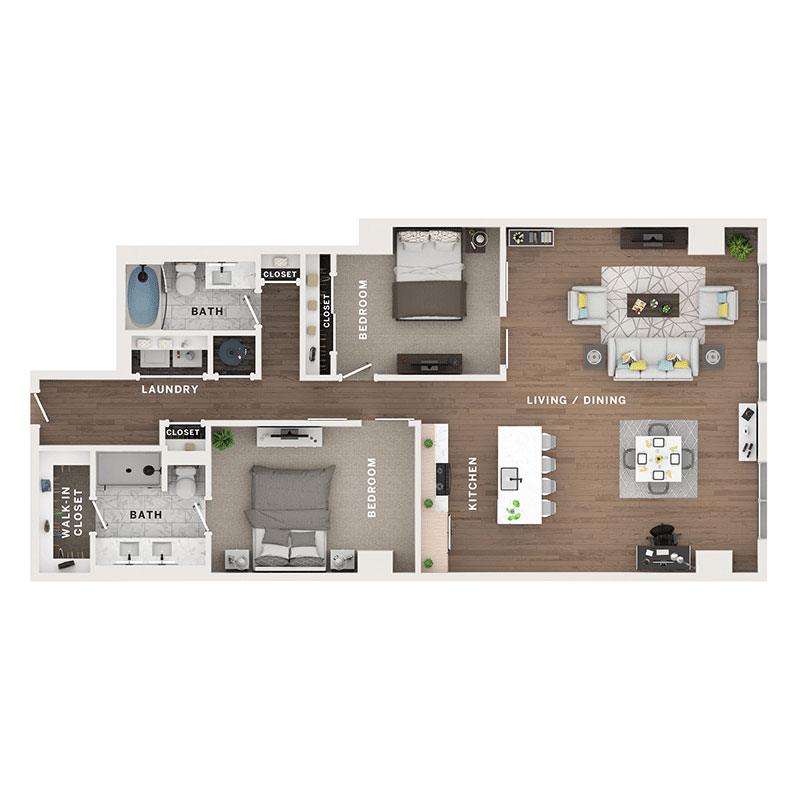 A 3D image of the C10 floorplan, a 1358 squarefoot, 2 bed / 2 bath unit