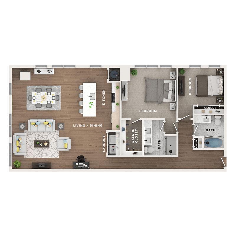 A 3D image of the 2BR/2BA – C11 floorplan, a 1385 squarefoot, 2 bed / 2 bath unit