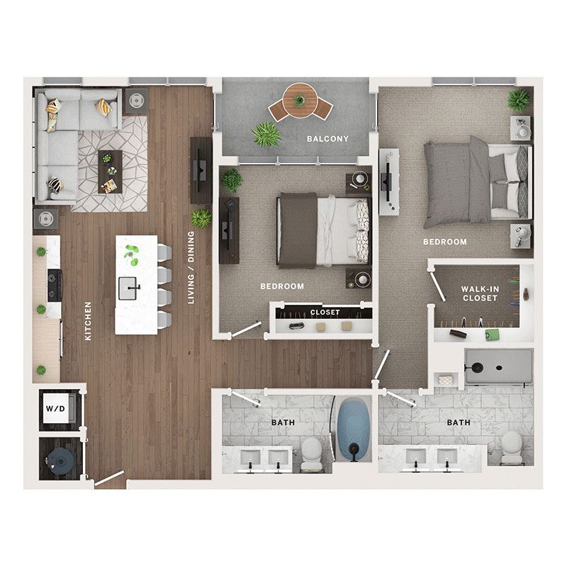 A 3D image of the C2 floorplan, a 1186 squarefoot, 2 bed / 2 bath unit