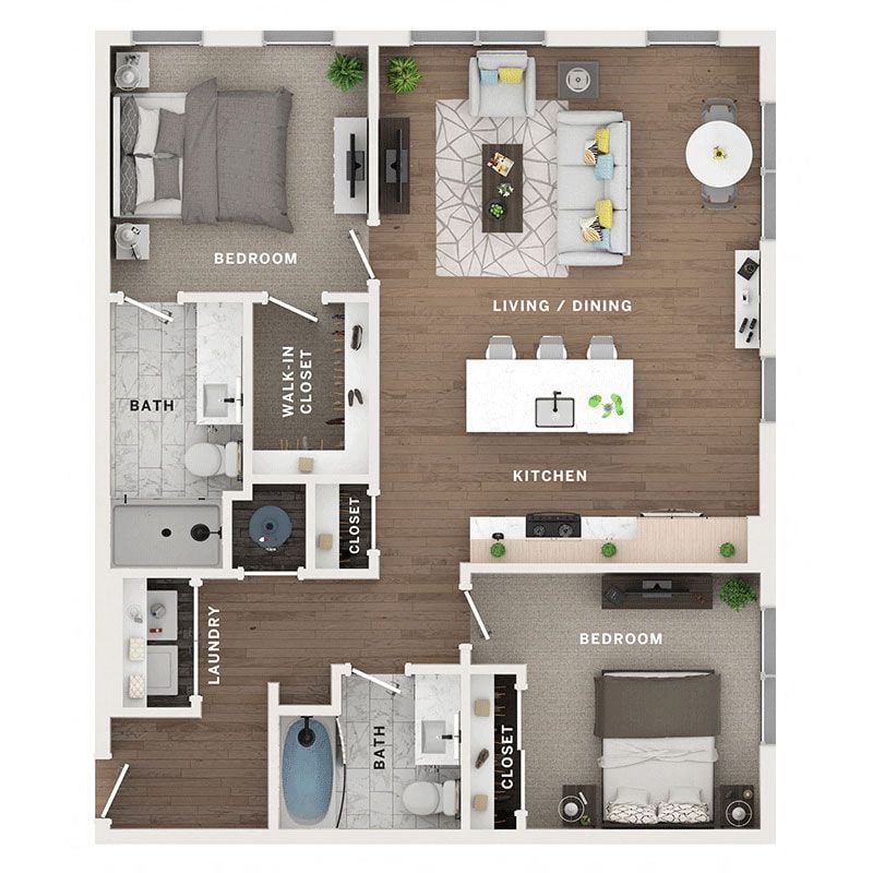 A 3D image of the C3 floorplan, a 1106 squarefoot, 2 bed / 2 bath unit