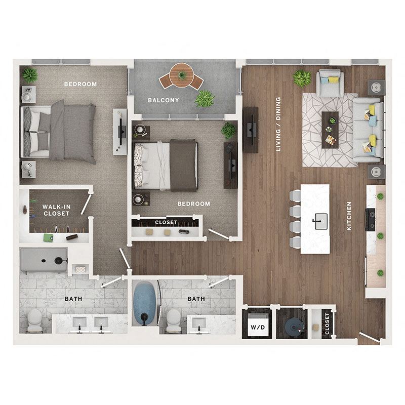 A 3D image of the C4 floorplan, a 1246 squarefoot, 2 bed / 2 bath unit