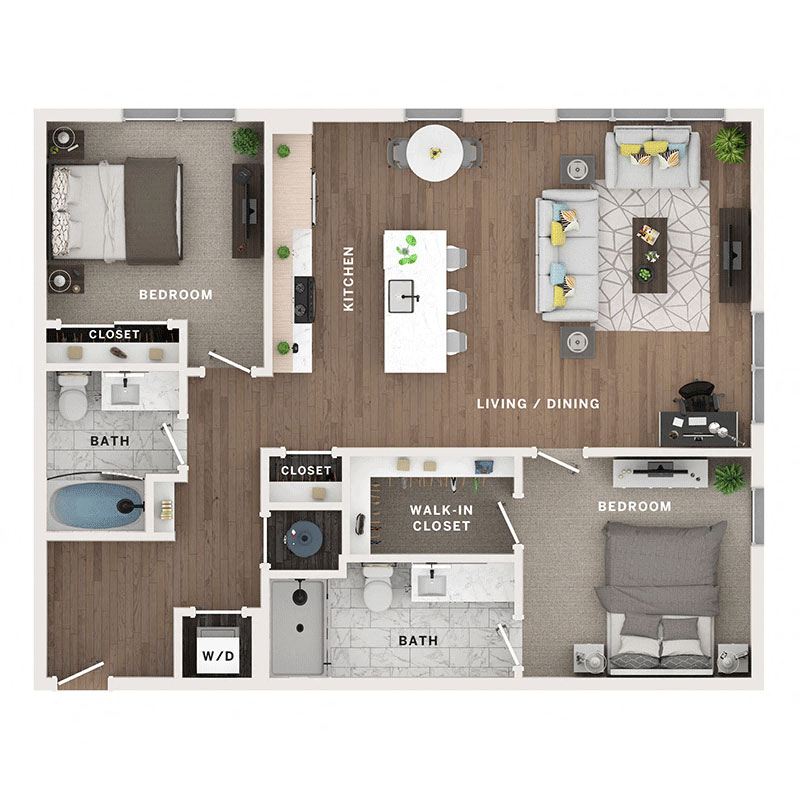 A 3D image of the C5 floorplan, a 1158 squarefoot, 2 bed / 2 bath unit