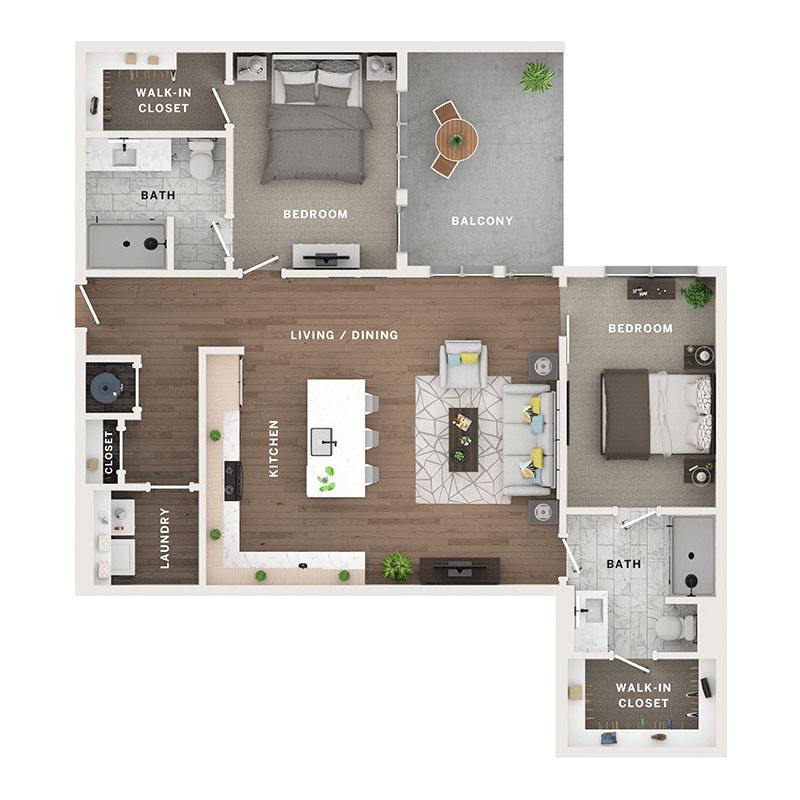 A 3D image of the C6 floorplan, a 1341 squarefoot, 2 bed / 2 bath unit