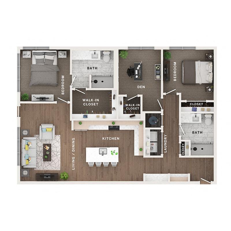 A 3D image of the D floorplan, a 1350 squarefoot, 2 bed / 2 bath unit