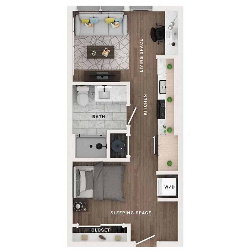 A 3D image of the Studio – Sa floorplan, a 427 squarefoot, 0 bed / 1 bath unit
