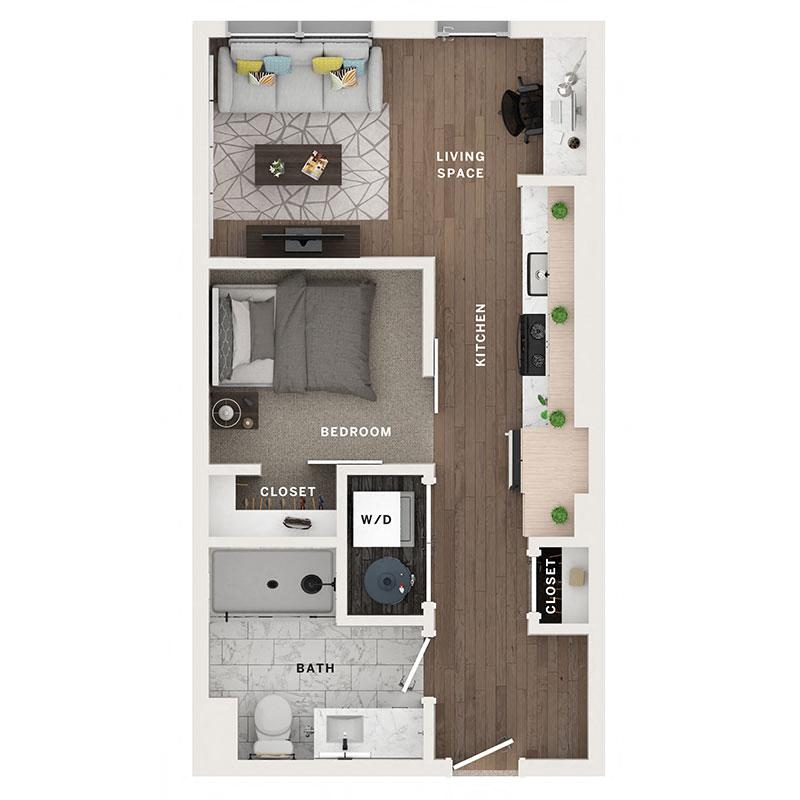 A 3D image of the 1BR/1BA – A floorplan, a 488 squarefoot, 1 bed / 1 bath unit