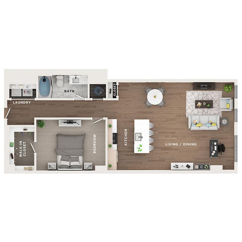 A 3D image of the 1BR/1BA – A10 floorplan, a 1020 squarefoot, 1 bed / 1 bath unit