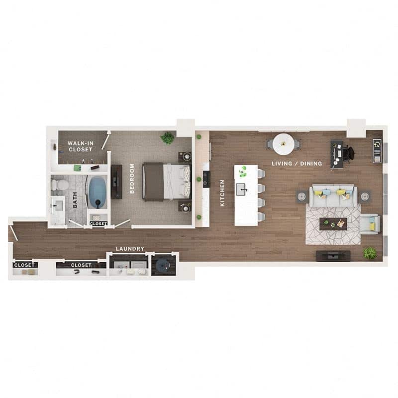 A 3D image of the 1BR/1BA – A11 floorplan, a 1068 squarefoot, 1 bed / 1 bath unit