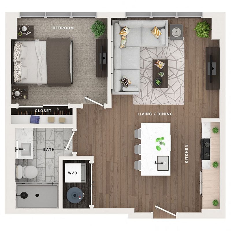 A 3D image of the 1BR/1BA – A1a floorplan, a 548 squarefoot, 1 bed / 1 bath unit