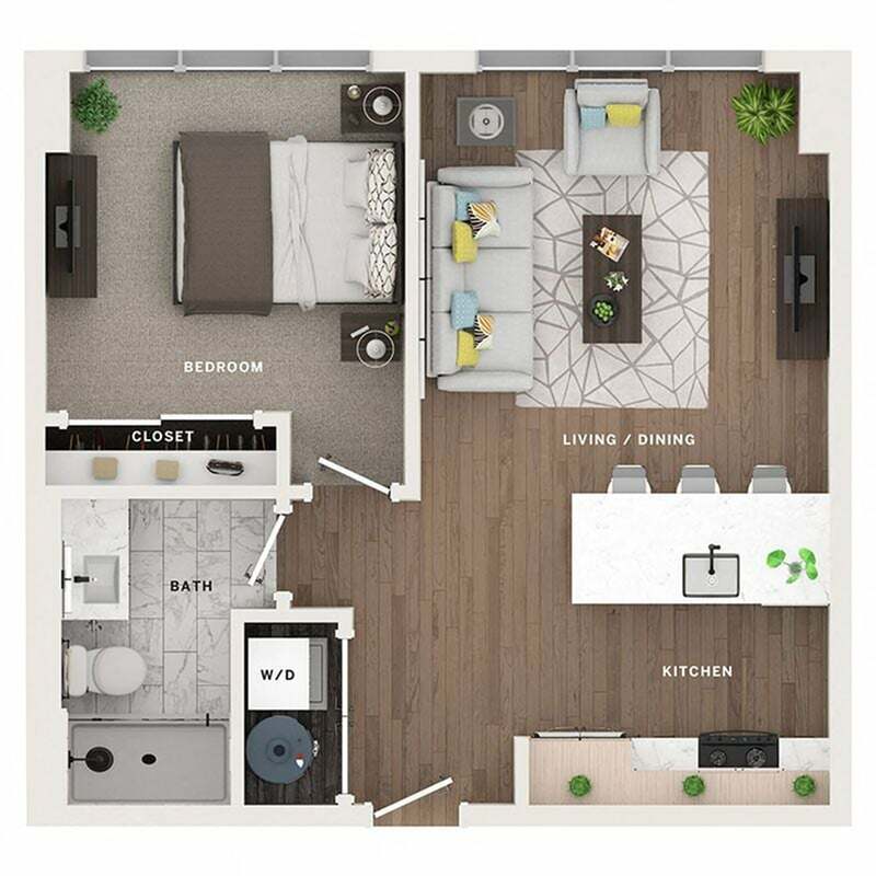 A 3D image of the 1BR/1BA – A2 floorplan, a 554 squarefoot, 1 bed / 1 bath unit