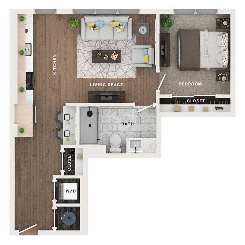 A 3D image of the 1BR/1BA – A3a floorplan, a 650 squarefoot, 1 bed / 1 bath unit