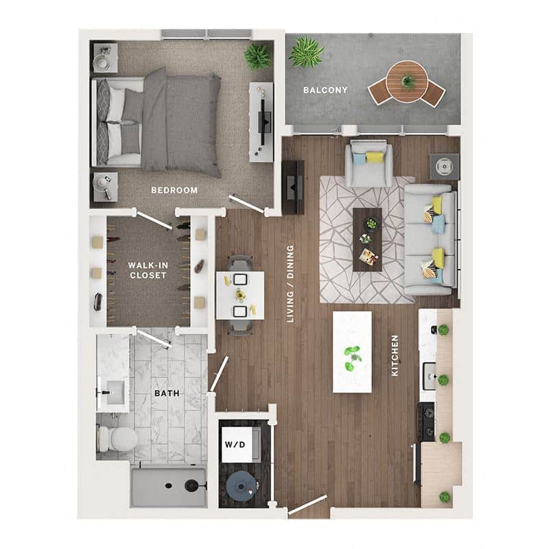 A 3D image of the 1BR/1BA – A4 floorplan, a 733 squarefoot, 1 bed / 1 bath unit