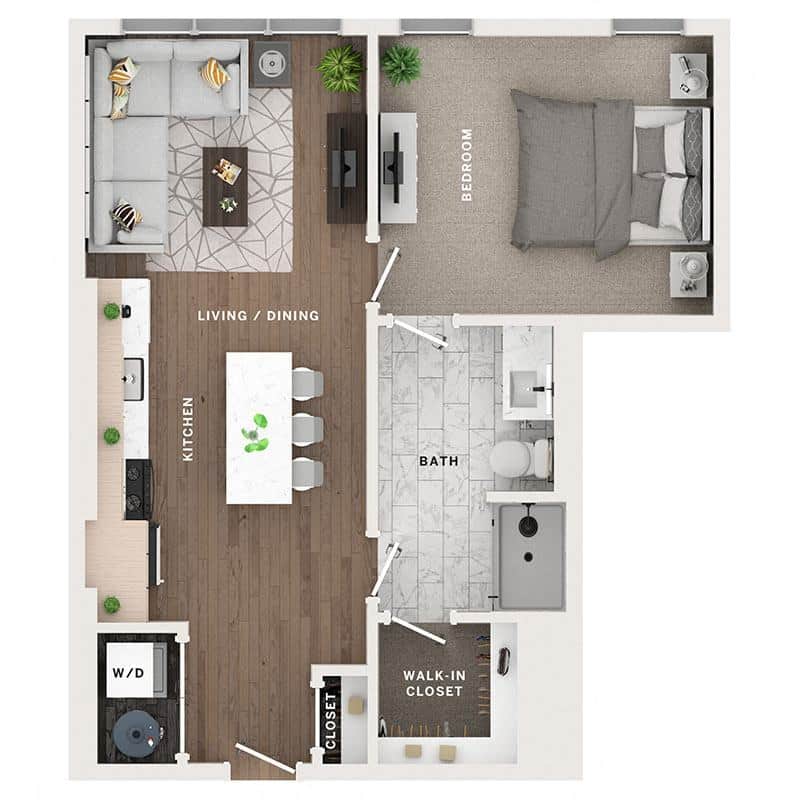 A 3D image of the 1BR/1BA – A5 floorplan, a 683 squarefoot, 1 bed / 1 bath unit