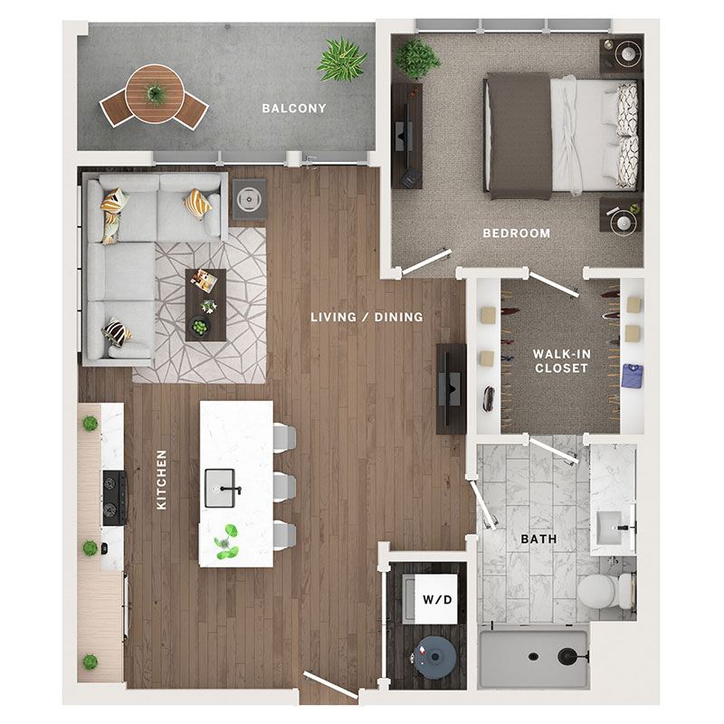 A 3D image of the 1BR/1BA – A6 floorplan, a 787 squarefoot, 1 bed / 1 bath unit