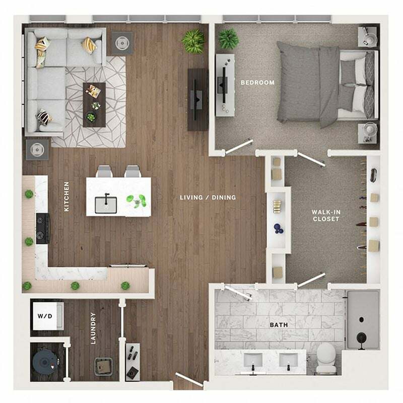A 3D image of the 1BR/1BA – A8 floorplan, a 915 squarefoot, 1 bed / 1 bath unit
