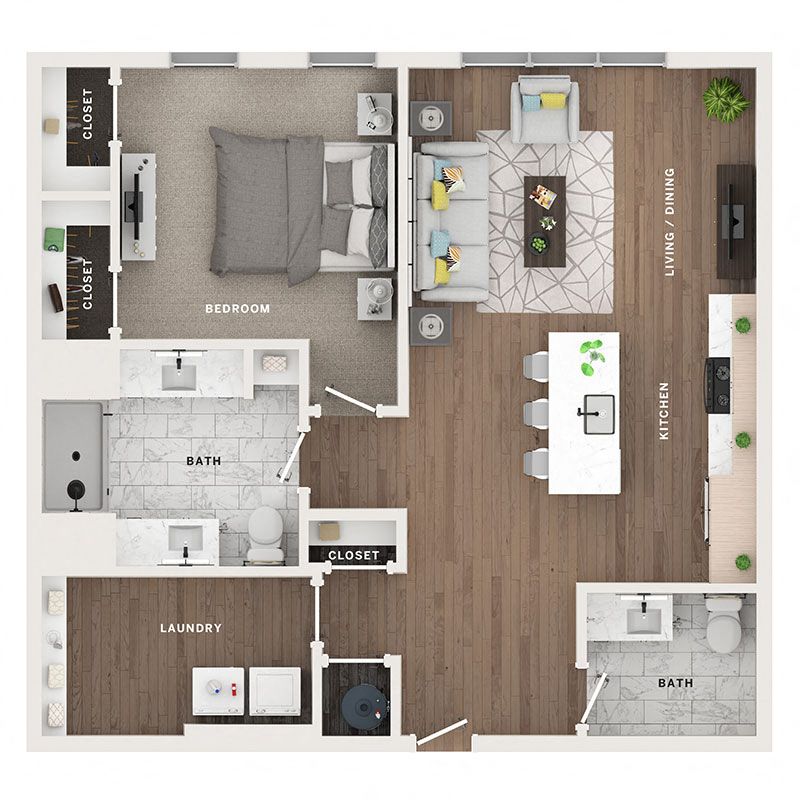 A 3D image of the 1BR/1BA – A9 floorplan, a 976 squarefoot, 1 bed / 1 bath unit