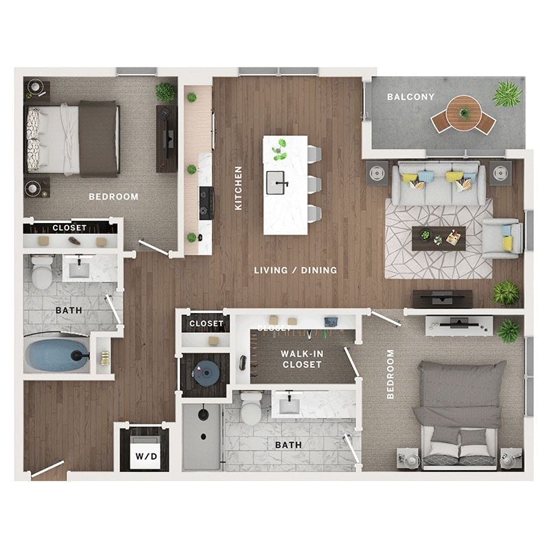 A 3D image of the 2BR/2BA – C1 floorplan, a 1086 squarefoot, 2 bed / 2 bath unit