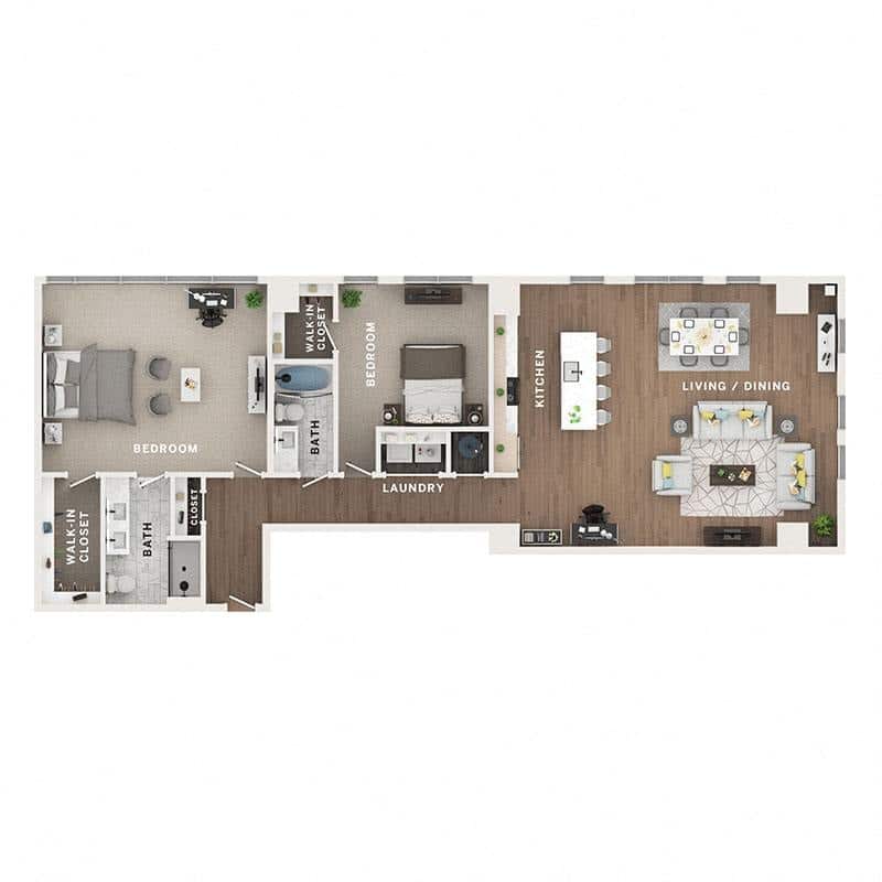 A 3D image of the 2BR/2BA – C12 floorplan, a 1681 squarefoot, 2 bed / 2 bath unit