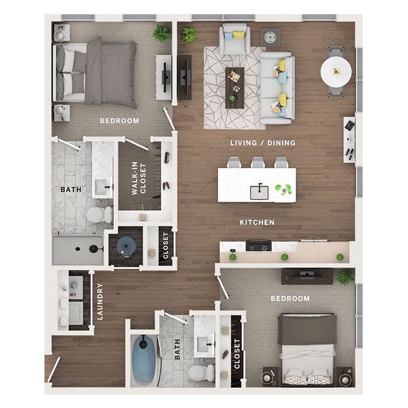 A 3D image of the 2BR/2BA – C3a floorplan, a 1106 squarefoot, 2 bed / 2 bath unit
