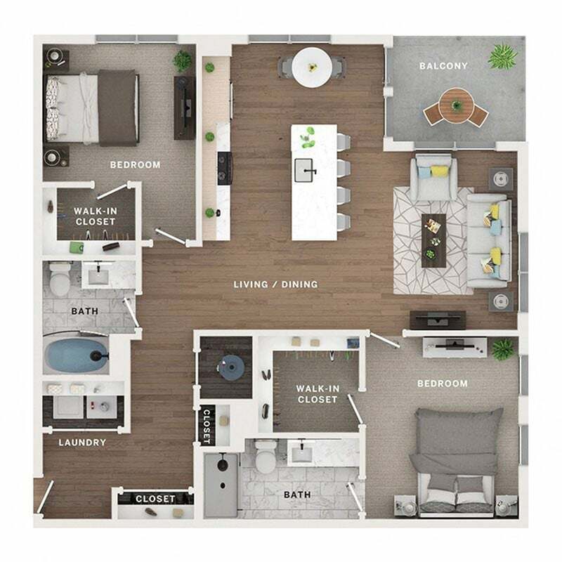 A 3D image of the 2BR/2BA – C7 floorplan, a 1314 squarefoot, 2 bed / 2 bath unit
