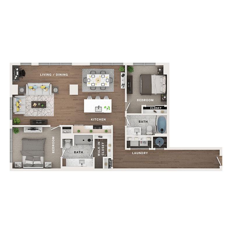 A 3D image of the 2BR/2BA – C8 floorplan, a 1253 squarefoot, 2 bed / 2 bath unit