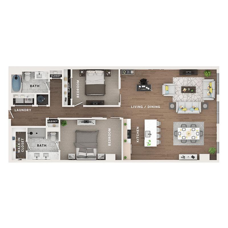 A 3D image of the 2BR/2BA – C9 floorplan, a 1316 squarefoot, 2 bed / 2 bath unit