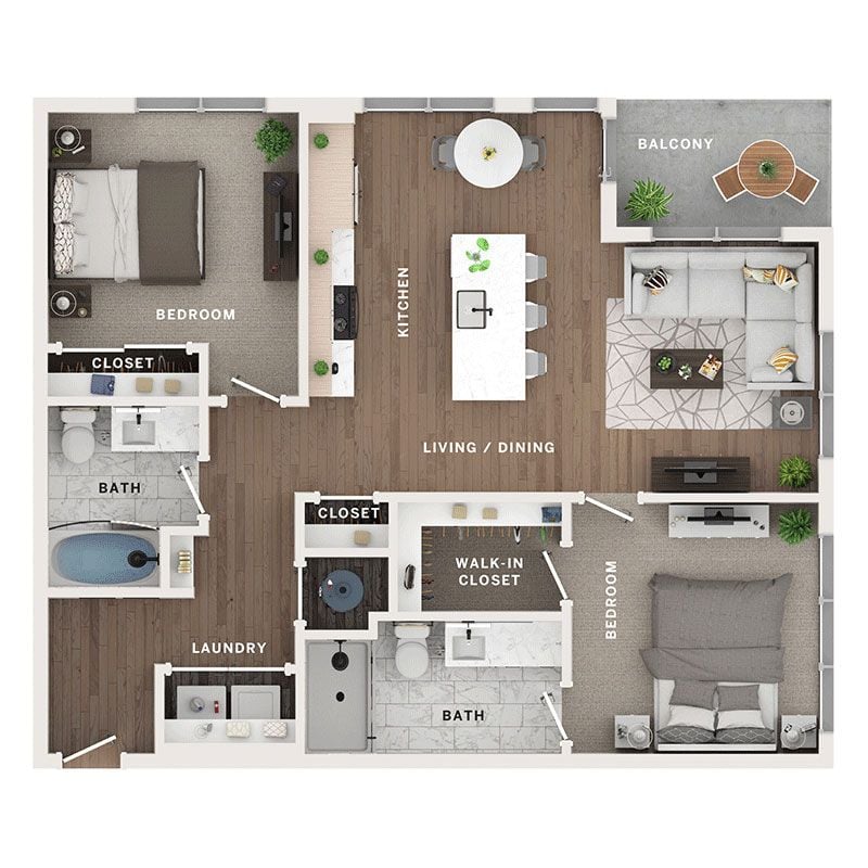 A 3D image of the 2BR/2BA – Ca floorplan, a 1046 squarefoot, 2 bed / 2 bath unit