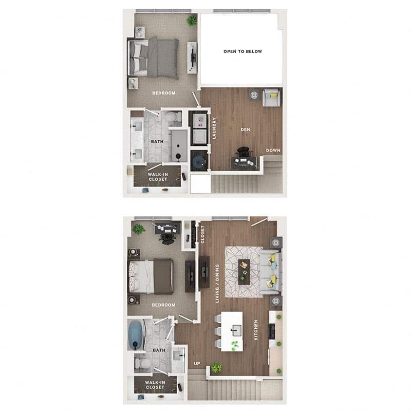 A 3D image of the 2BR/2BA – CTH floorplan, a 1236 squarefoot, 2 bed / 2 bath unit