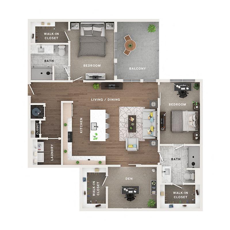 A 3D image of the 2BR/2BA + Den – D1 floorplan, a 1521 squarefoot, 2 bed / 2 bath unit